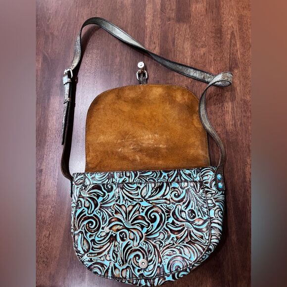 Patricia Nash Rosolini Tooled Leather Saddle Bag Turquoise Brown Crossbody Boho - Picture 10 of 16